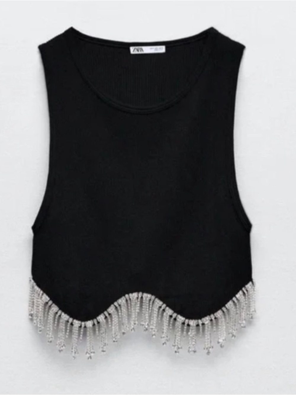 Zara Black Tank Top with Silver Beaded Fringe